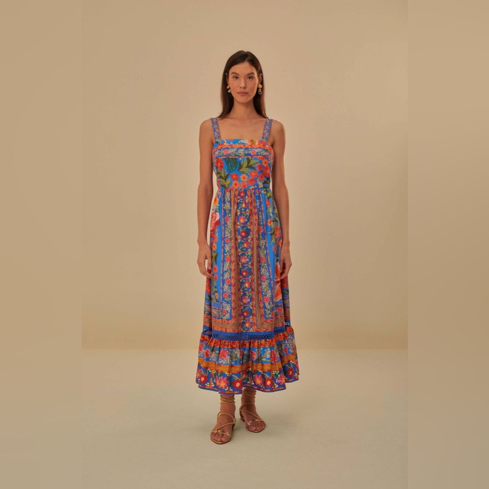 Farm Rio Blue Stitched Garden Maxi Dress Size M NWT